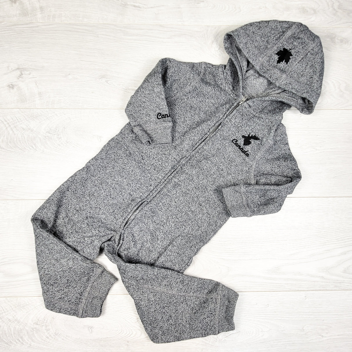 Canadiana heathered grey hooded sweatshirt romper. Size 18-24 months