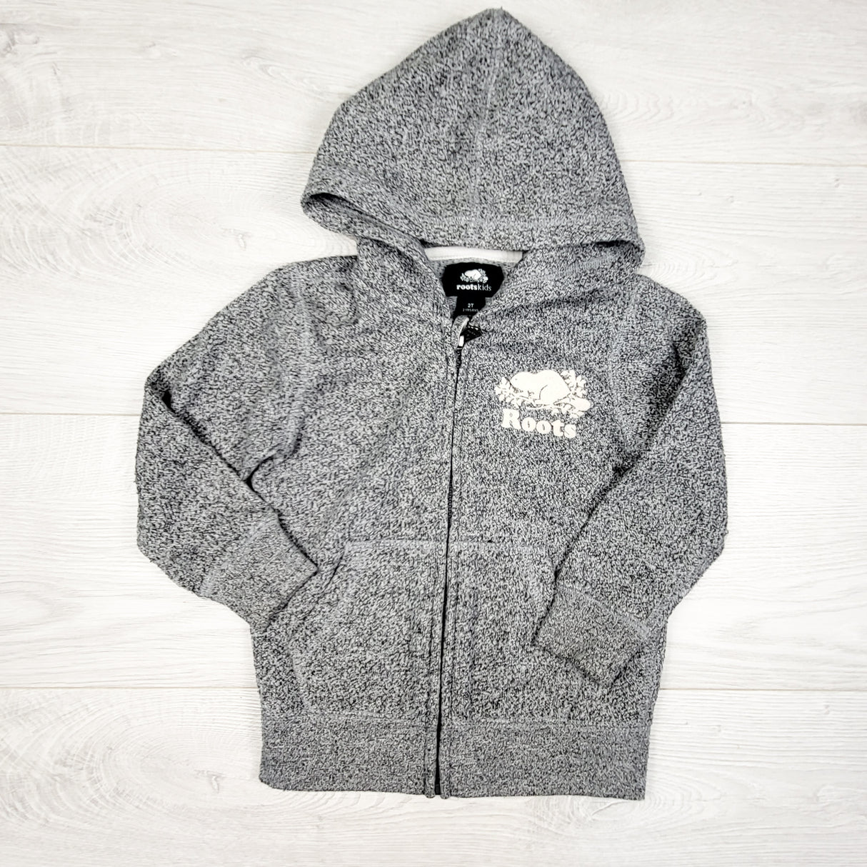 Roots heathered grey zip up hoodie. Size 2T