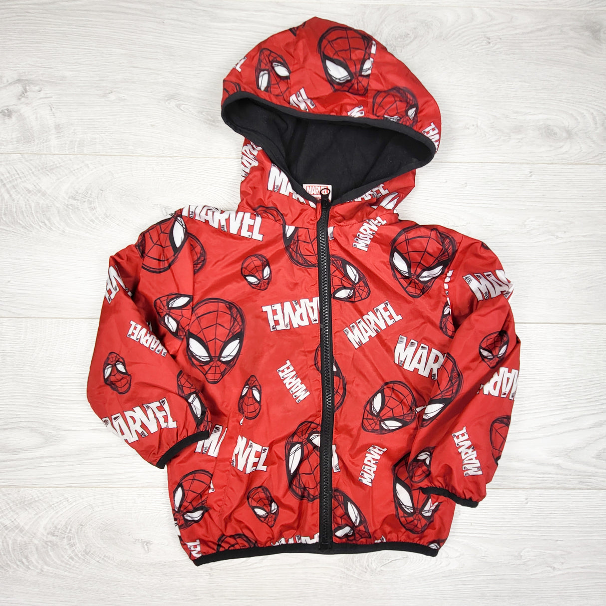 Marvel red fleecy lined hooded Spider-man windbreaker. Size 3T