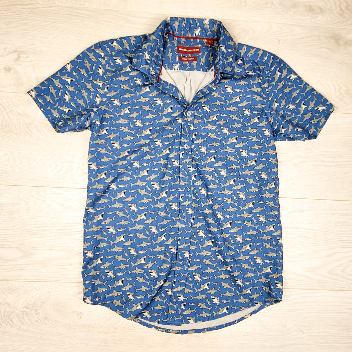 Little Report blue button down shark print shirt. Size 12