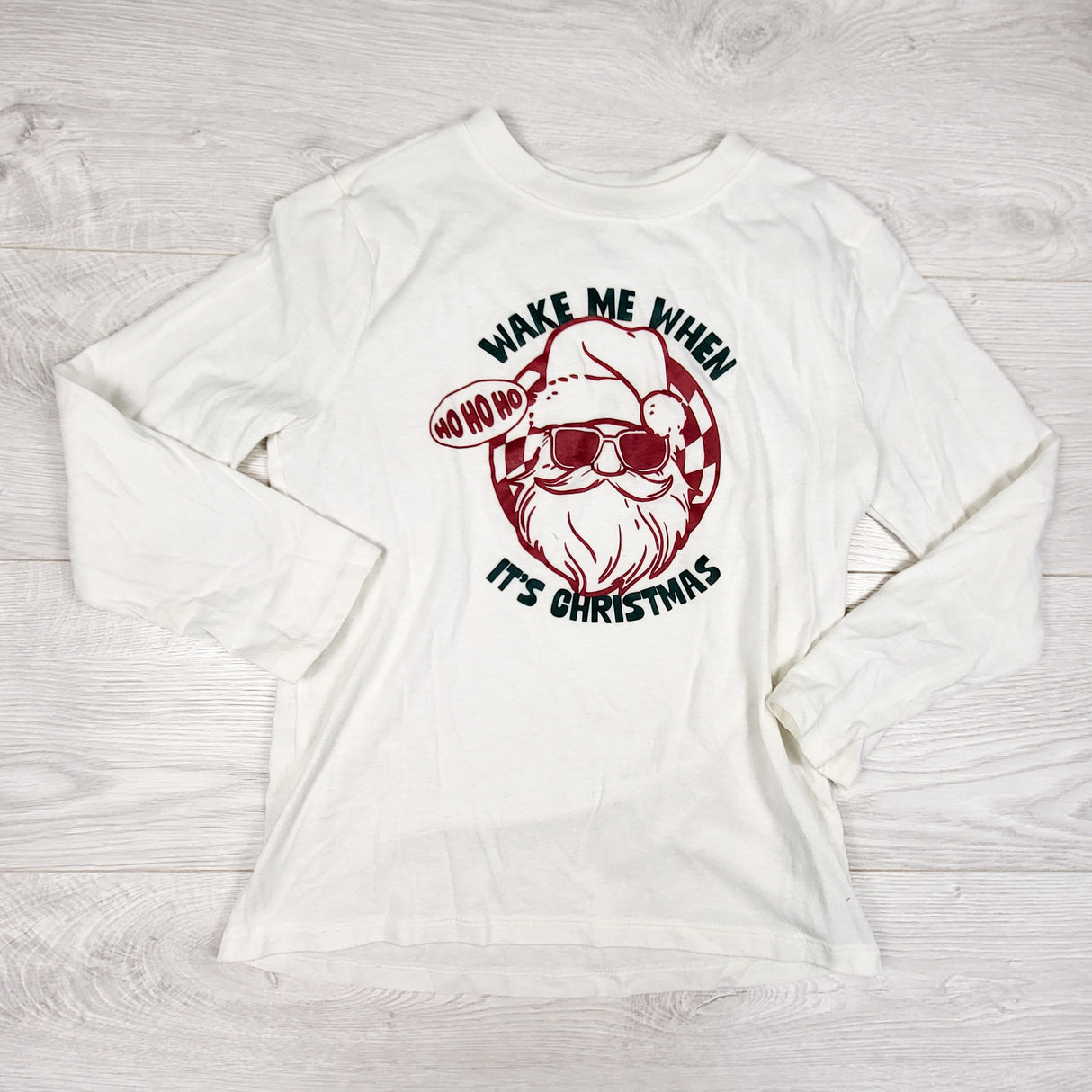 Oshkosh white "Wake Me When It's Christmas" long sleeve top. Size Medium (8)