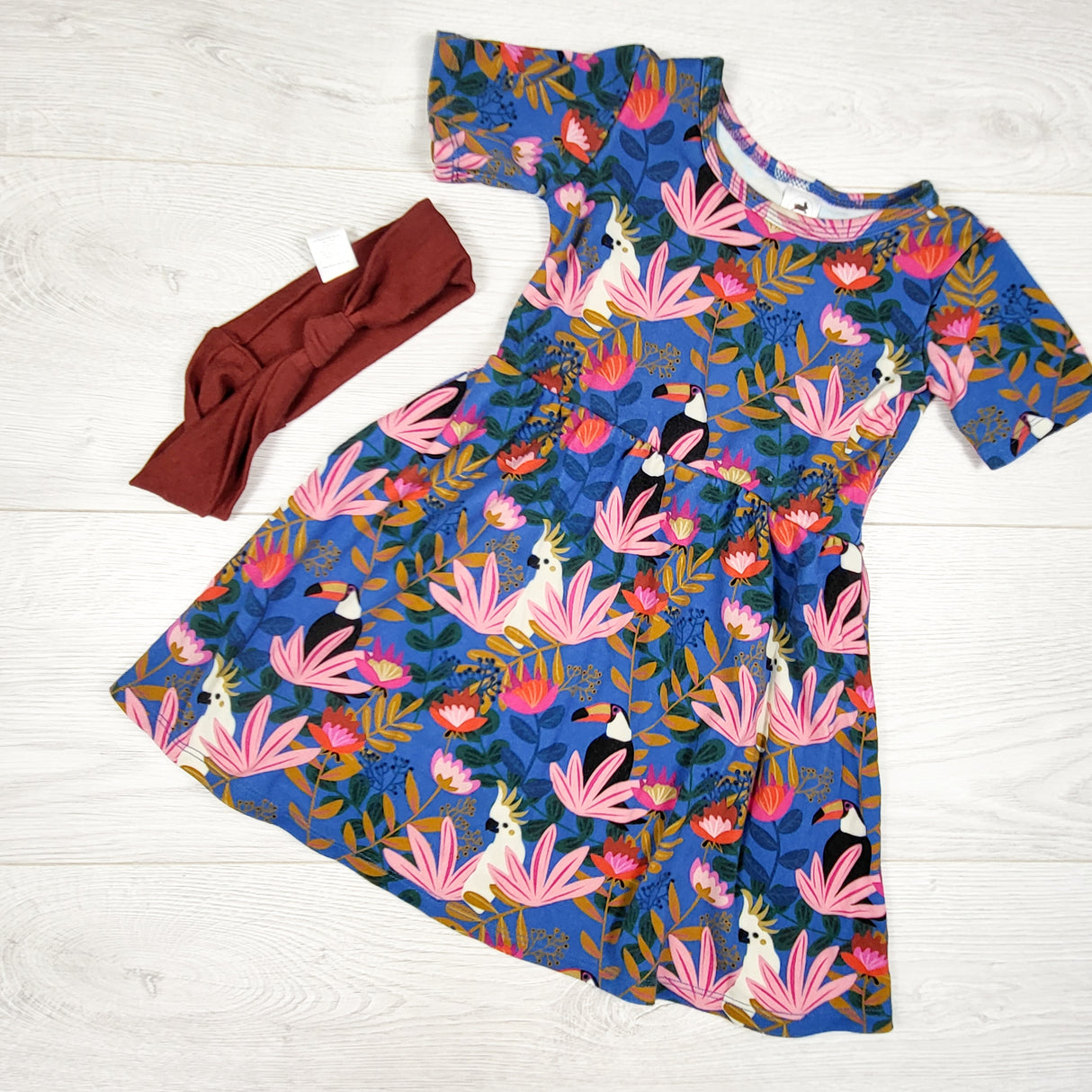 Little and Lively blue tropical print bamboo dress + headband. Size 1/2T