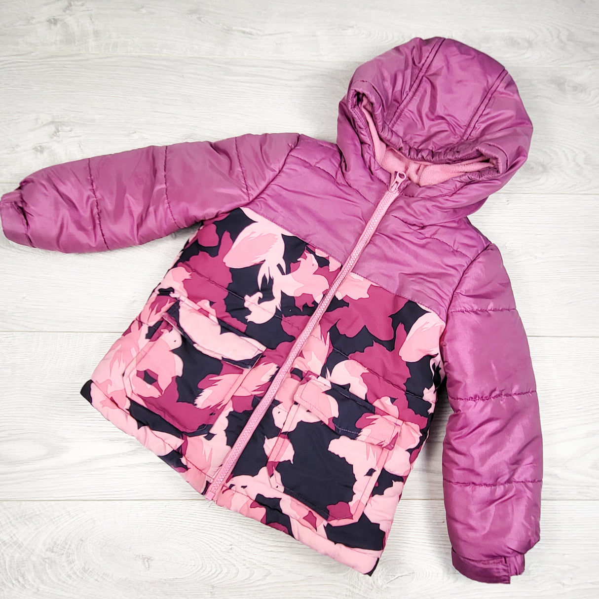 Joe Fresh pink patterned fleece lined insulated jacket. Size 4T