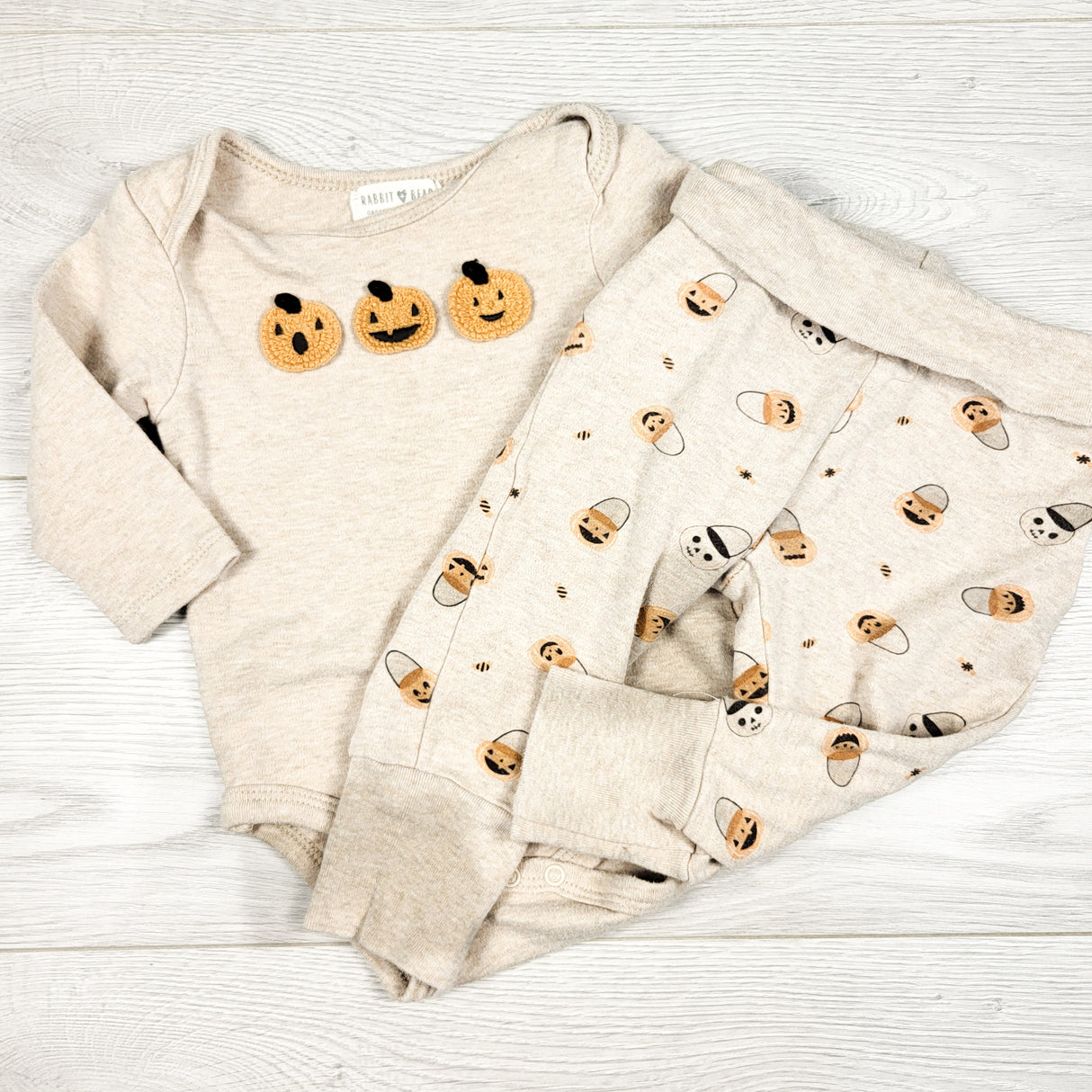Rabbit + Bear beige 2pc set with chenille jack-o-lanterns. Size 6-9 months