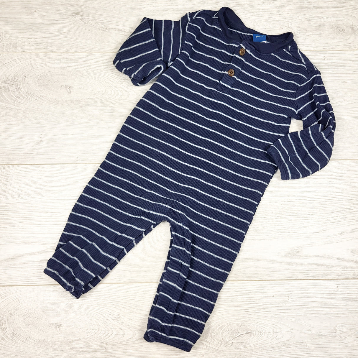 Old Navy navy striped waffle knit romper. Size 6-12 months