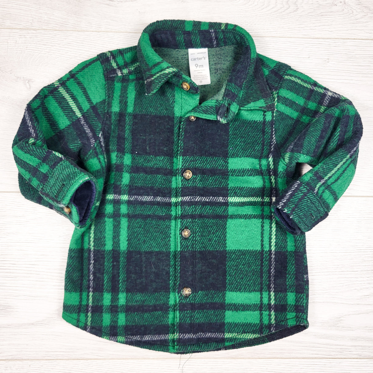 Carters green plaid button down flannel overshirt. Size 12 months