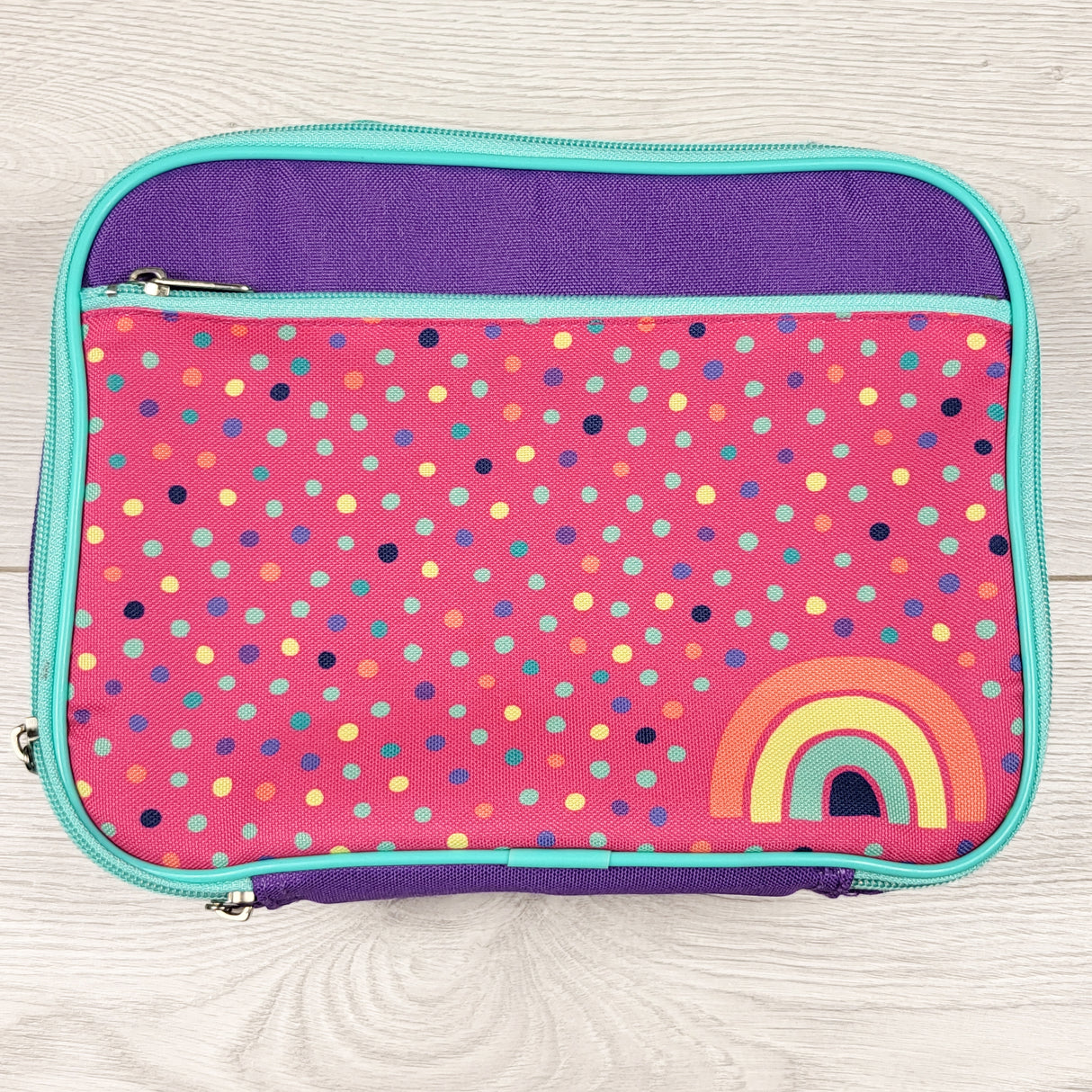 Wonder Co. by Crocodile Creek pink polka insulated lunch bag with rainbow