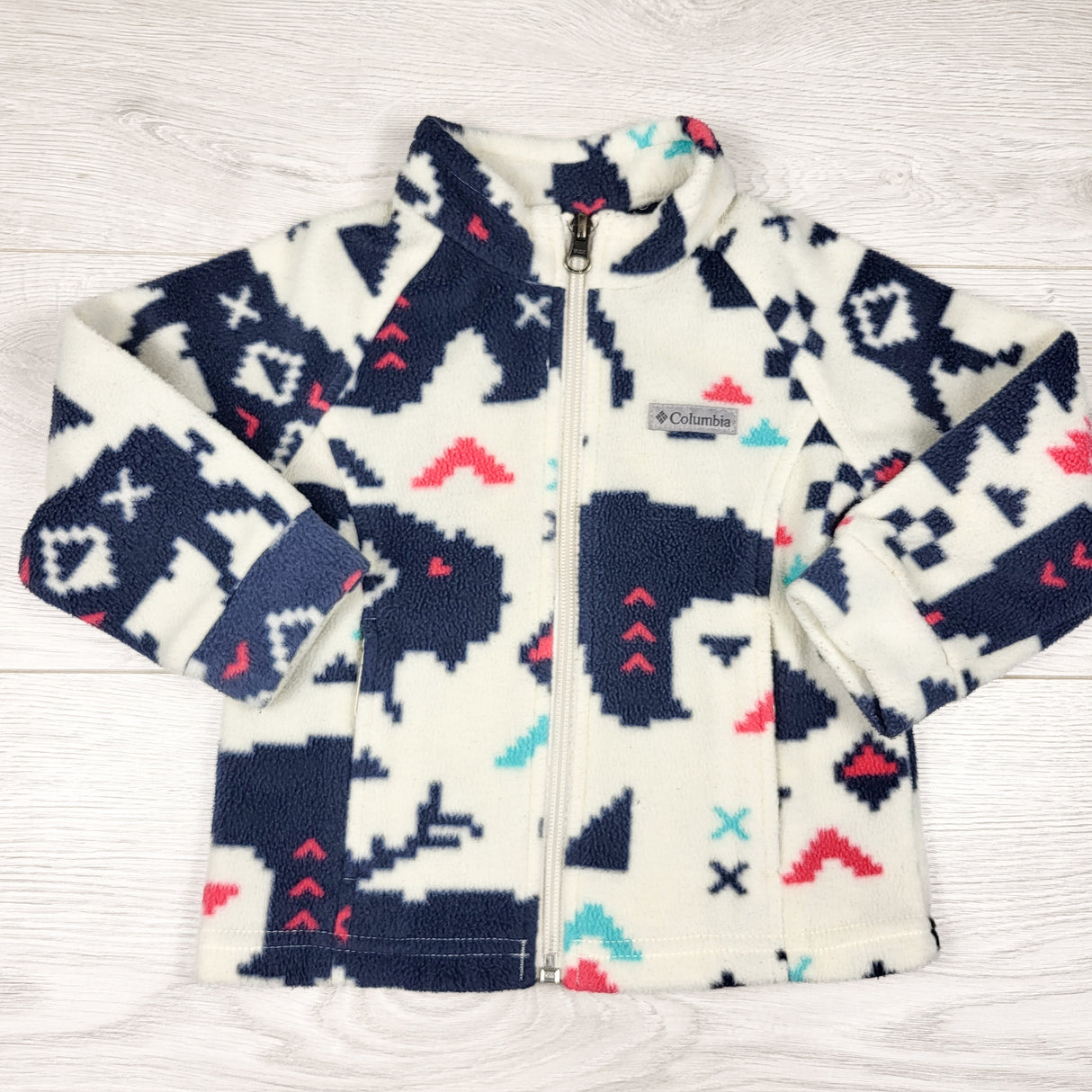 Columbia white and blue patterned zip up fleece jacket. Size 2T