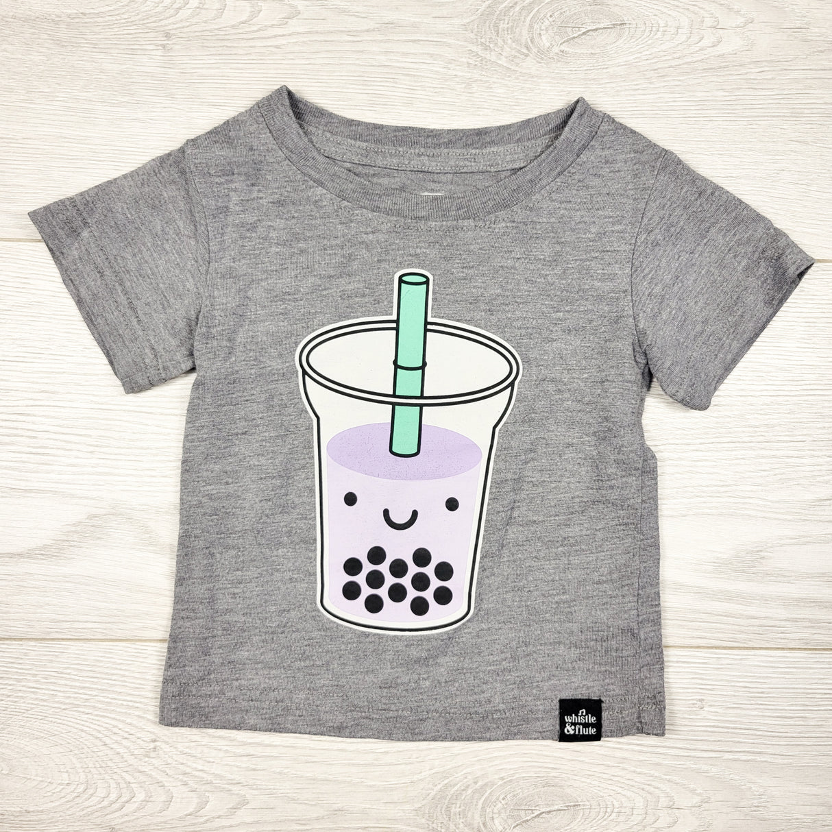 Whistle and Flute grey bubble tea t-shirt. Size 6-12 months