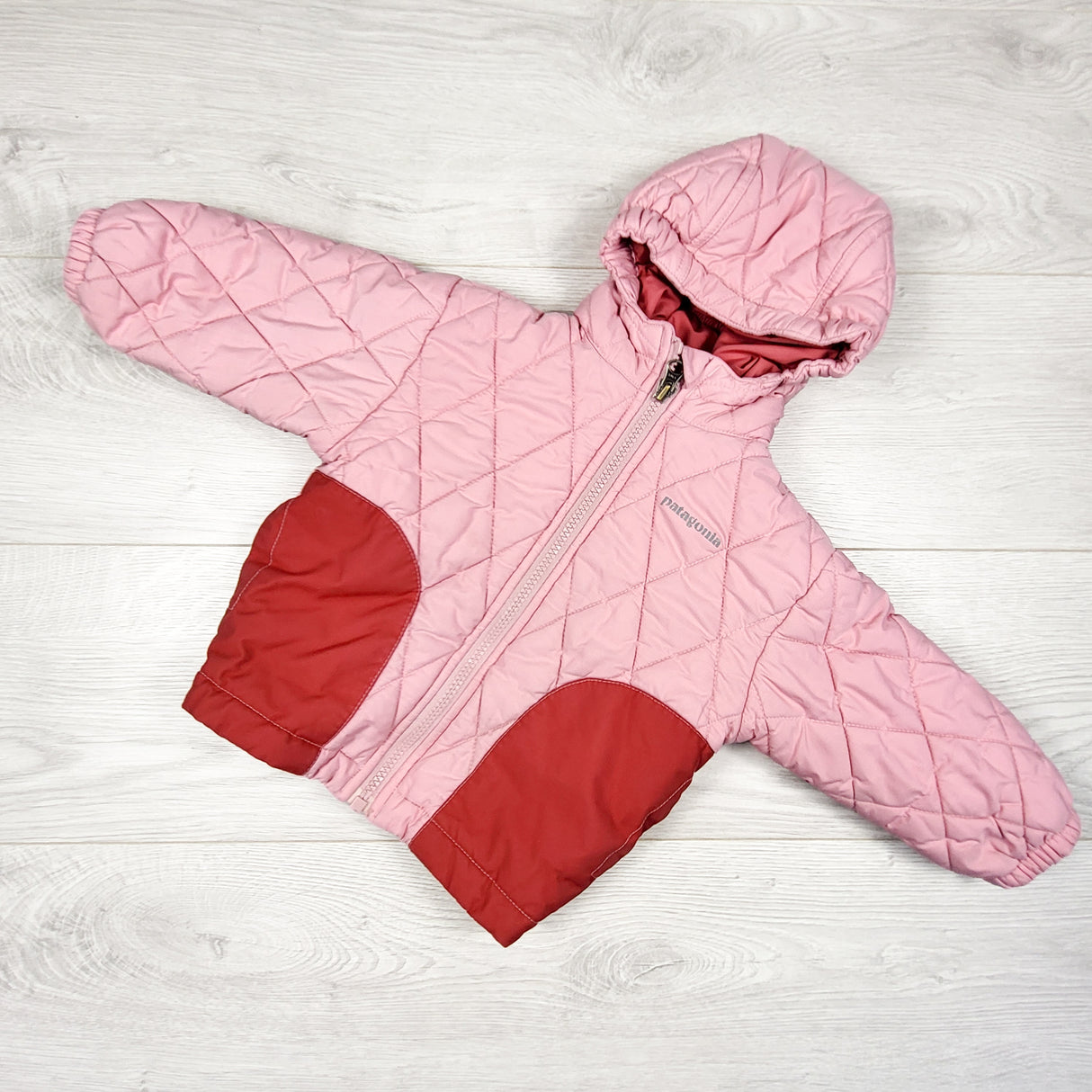 Patagonia pink and burgundy "puff rider" jacket. Size 12 months