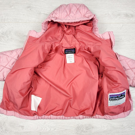 Patagonia pink and burgundy "puff rider" jacket. Size 12 months