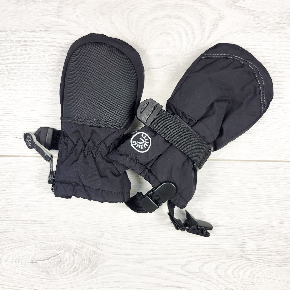 Calikids black waterproof mittens with cuff clips. Size 12-24 months