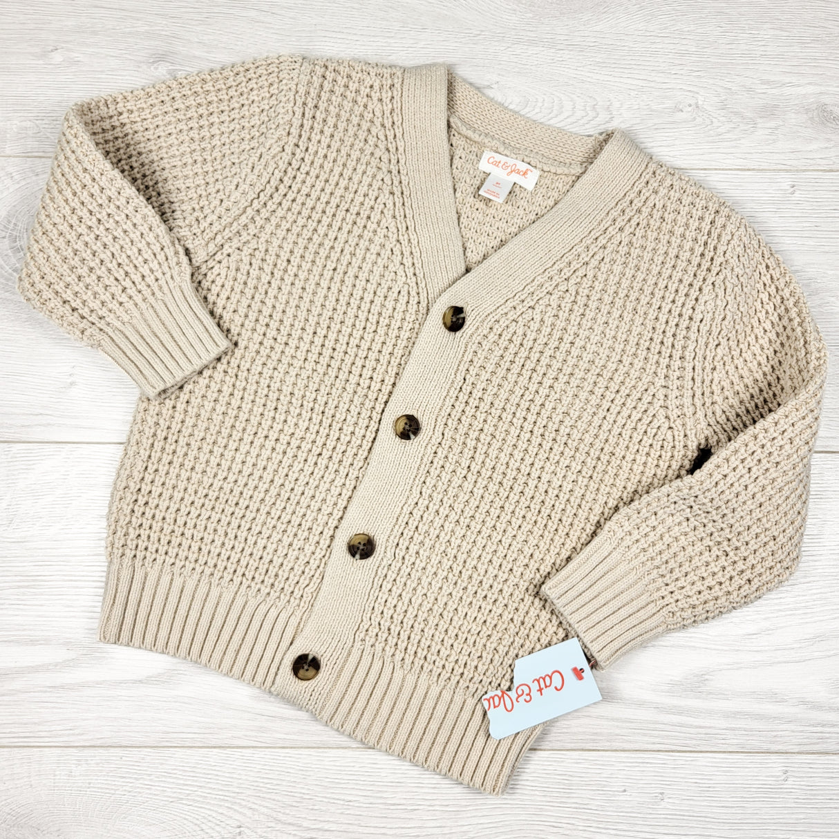 NEW - Cat and Jack beige waffle knit cardigan sweater. Size 3T