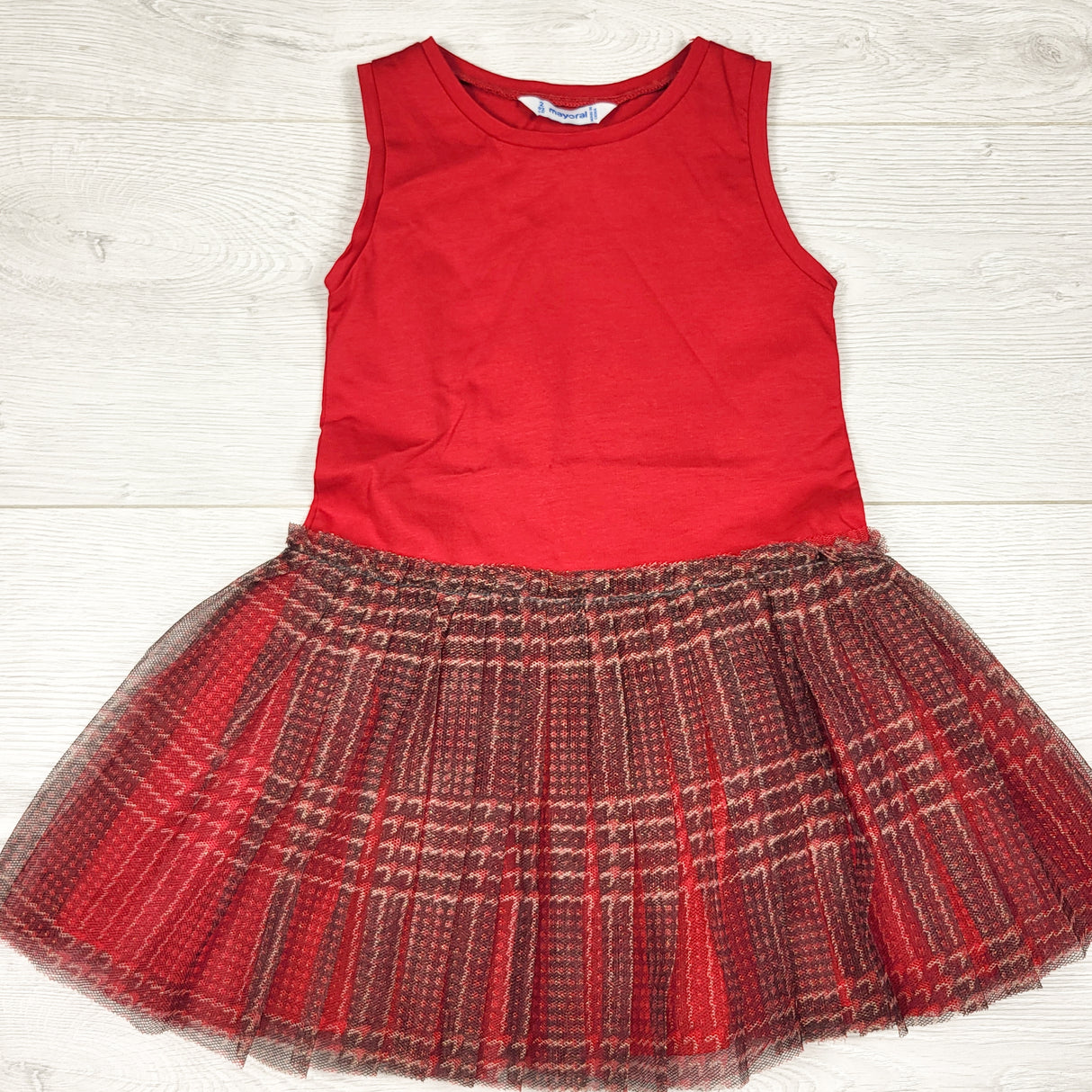 Mayoral red dress with tulle plaid skirting. Size 2T