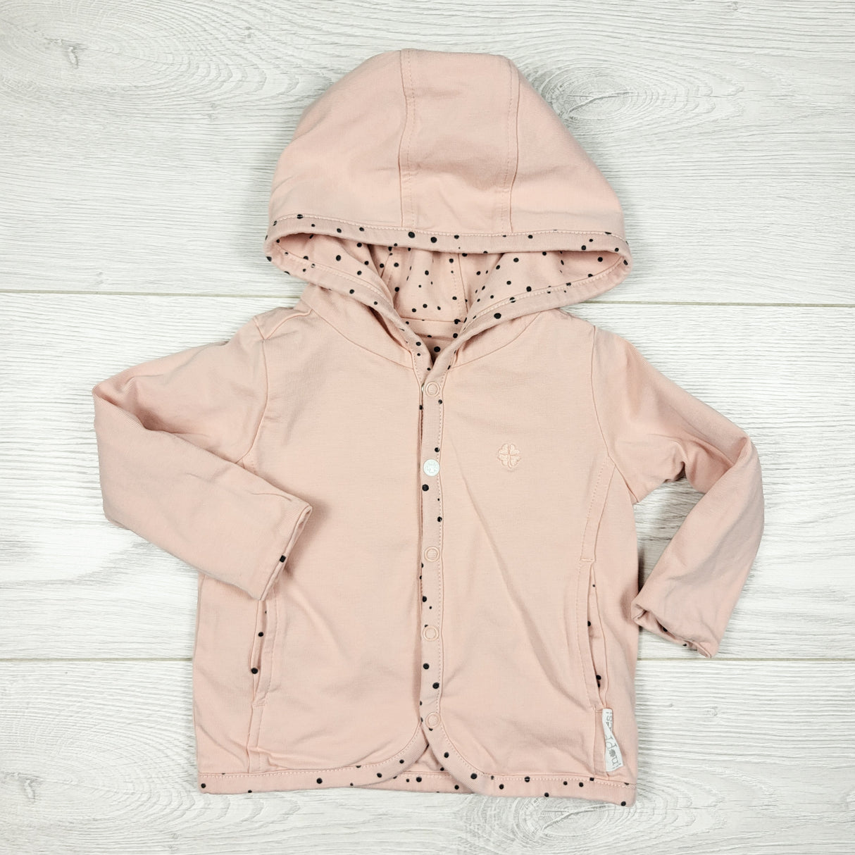 Noppies pink dotted reversible snap button cardigan. Approx 4-6 months