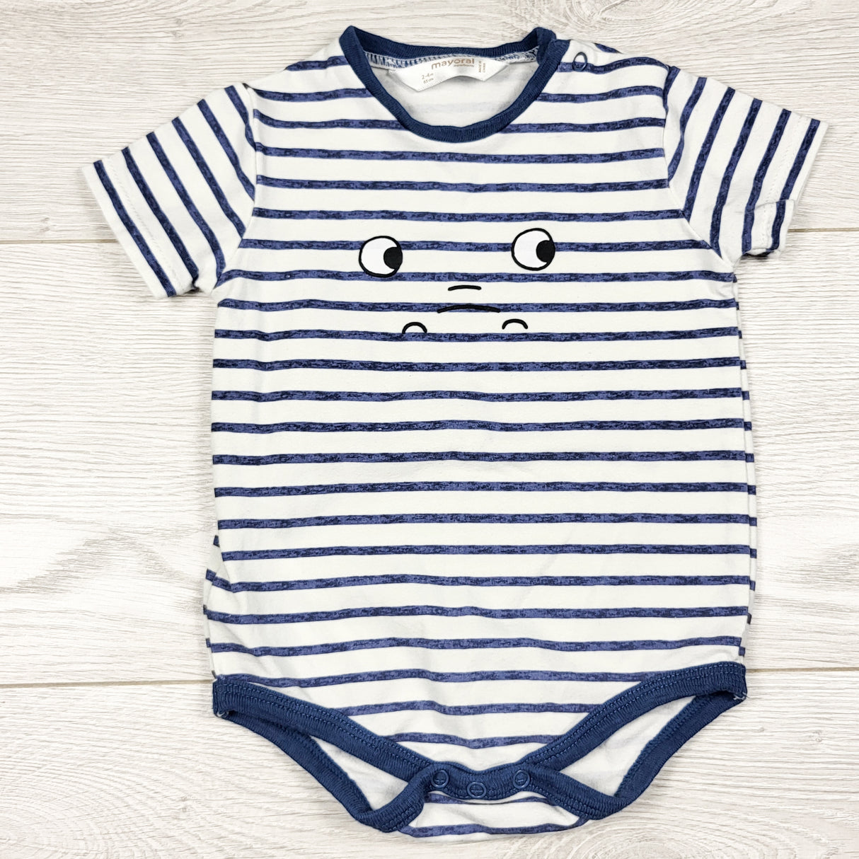 Mayoral blue striped bodysuit with face. Size 2-4 months