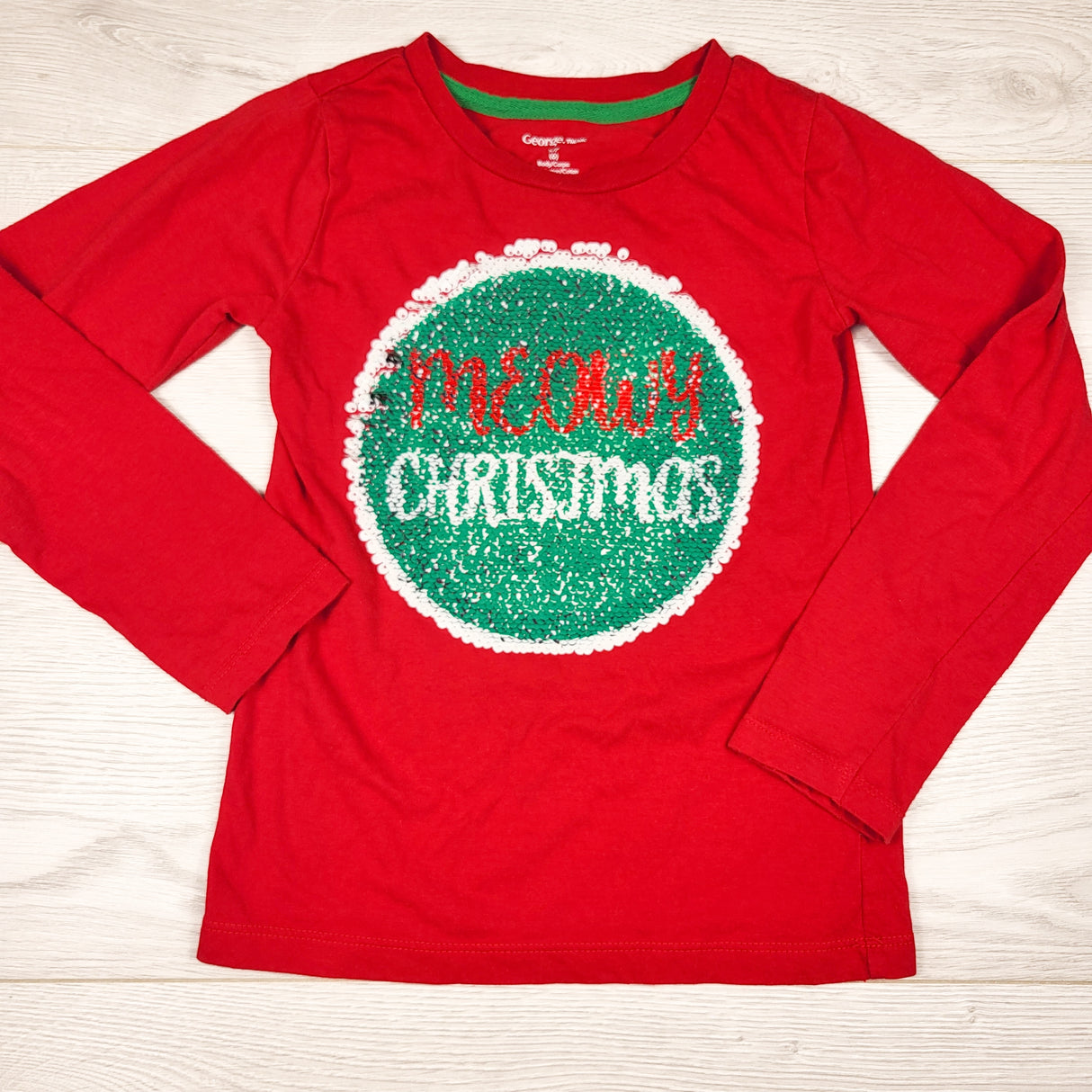George red "Meowy Christmas" flip sequin shirt. Size 6