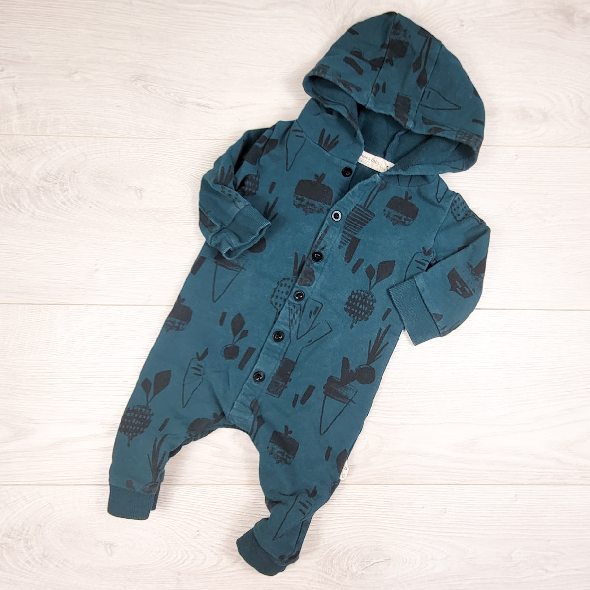 Miles Baby teal hooded woodland themed sweatshirt romper. Size 6 months