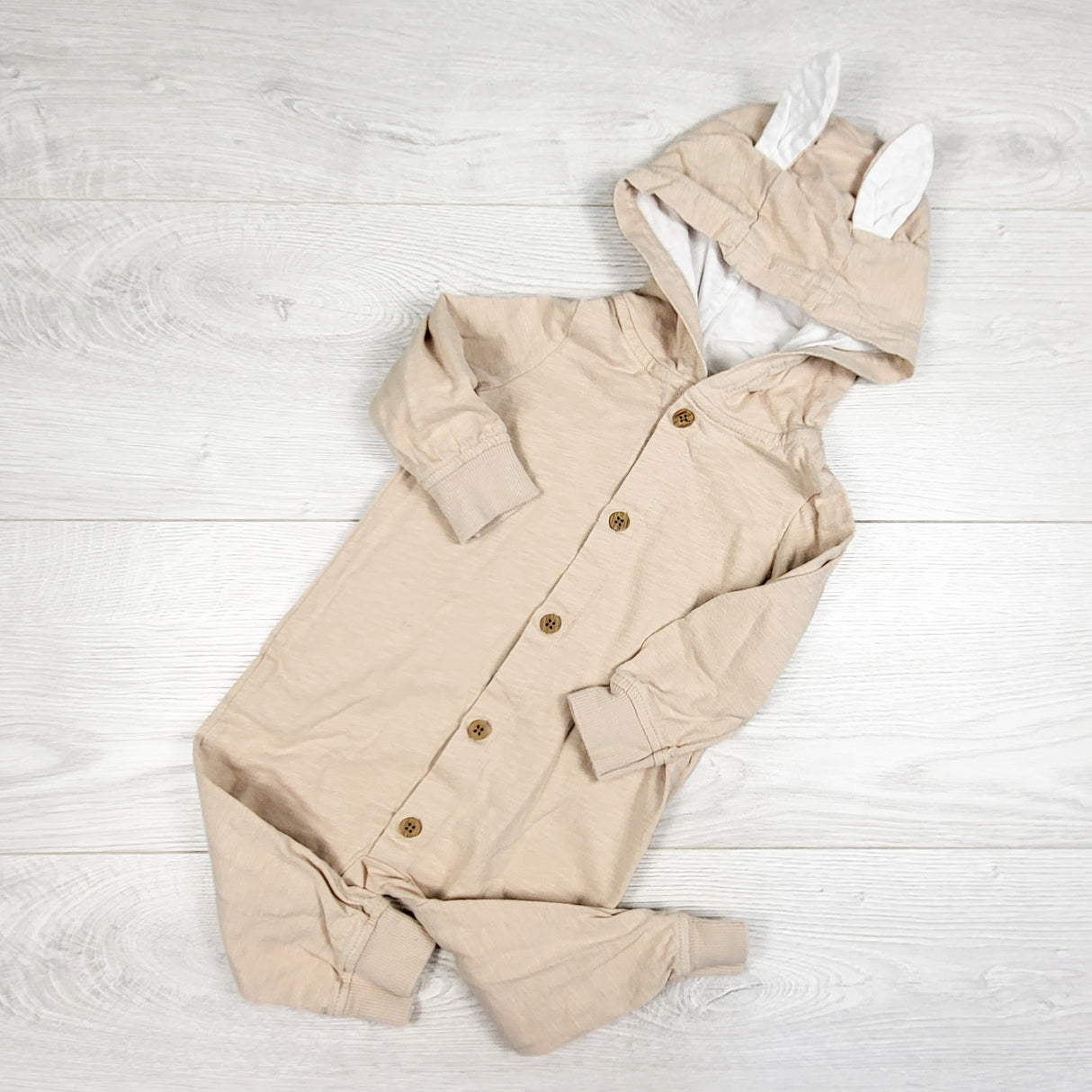 Carters beige hooded romper with bunny ears. Size 9 months