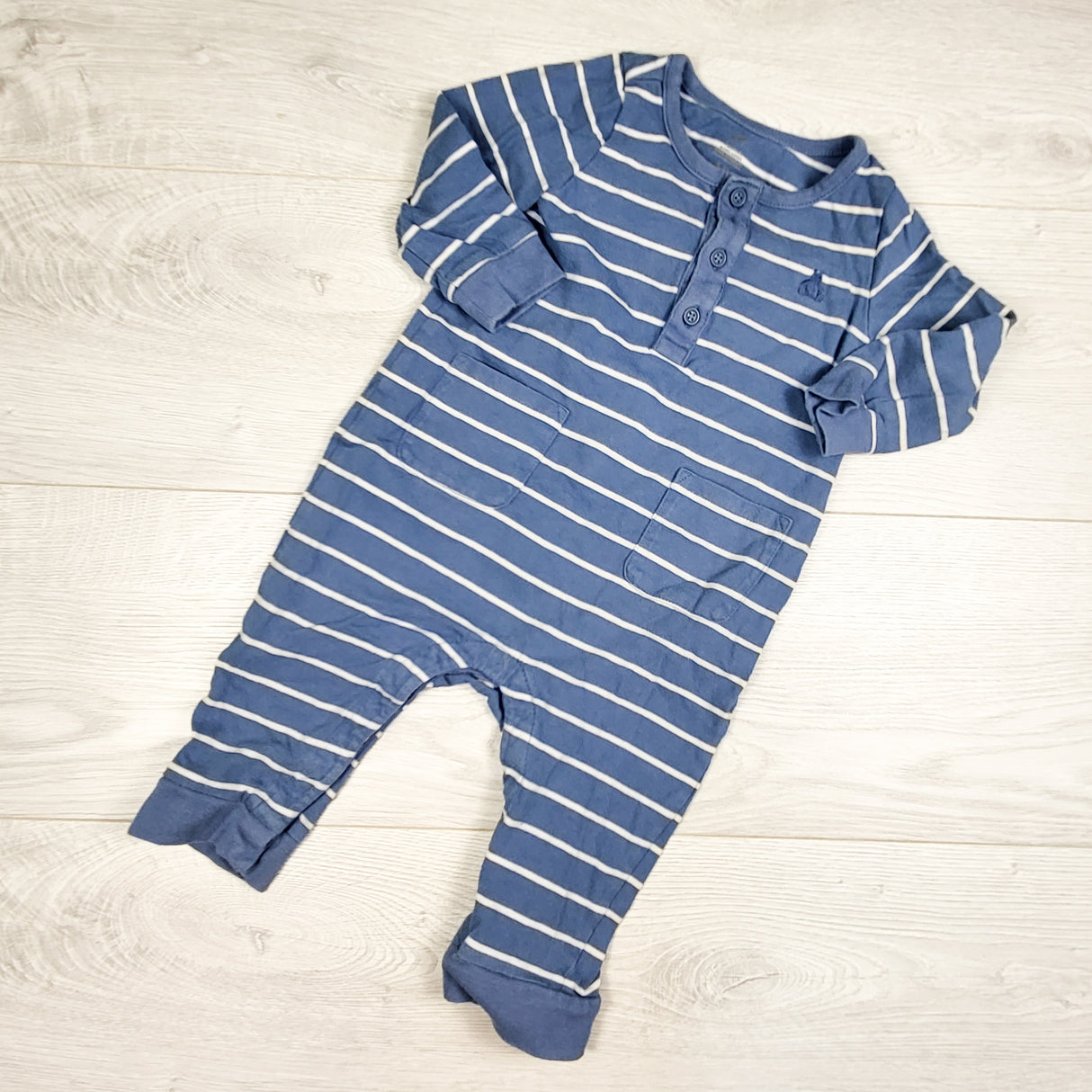 Gap blue striped organic cotton romper. Size 6-12 months