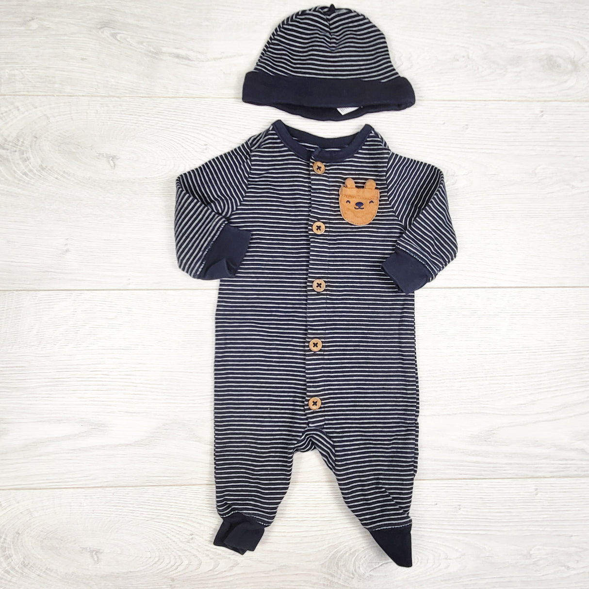 Carters navy striped romper with bear + matching hat. Size 3 months