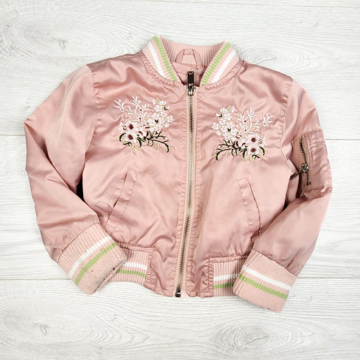 Urban Republic pink floral embroidered satin bomber jacket. Size 2T