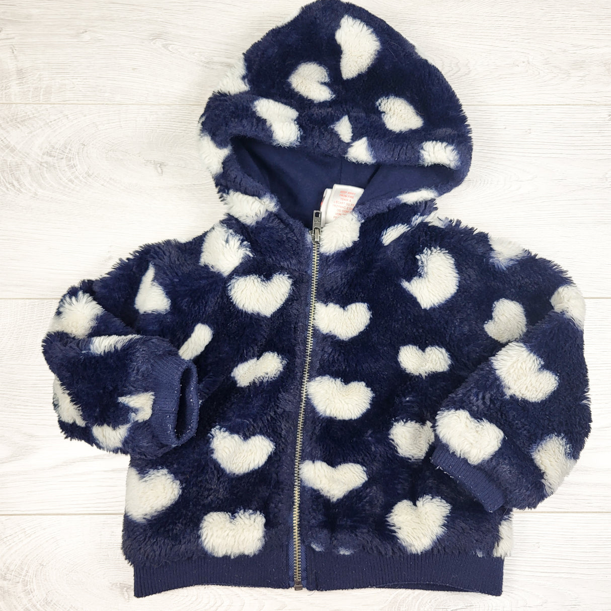 Nula Bug navy heart patterned plush hoodie. Size 24 months