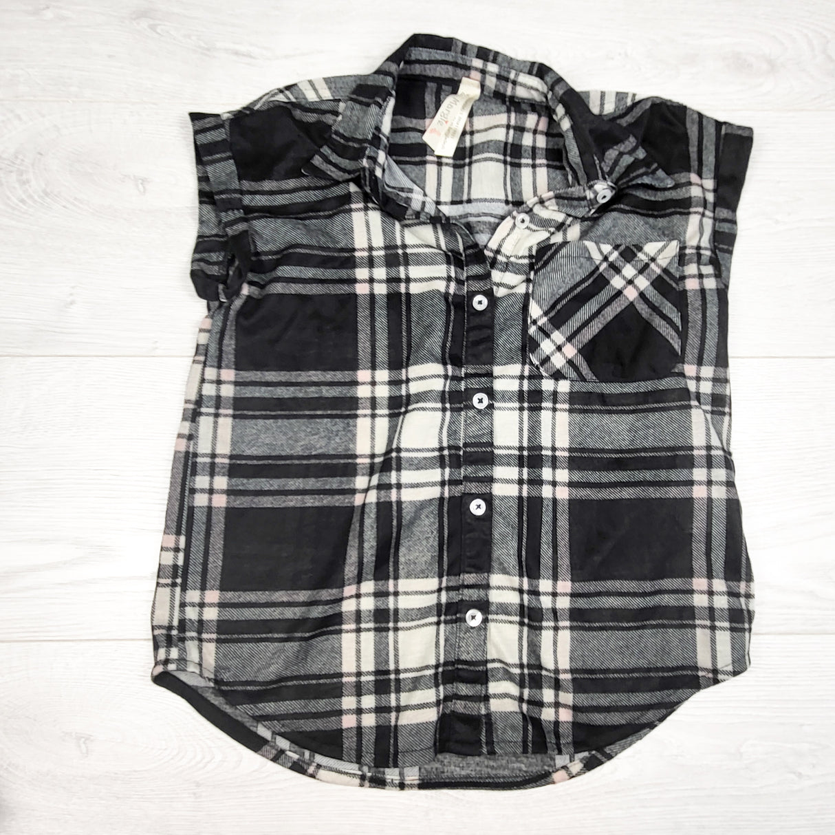 Margie Girls black plaid shirt. Size small (6/7ish)