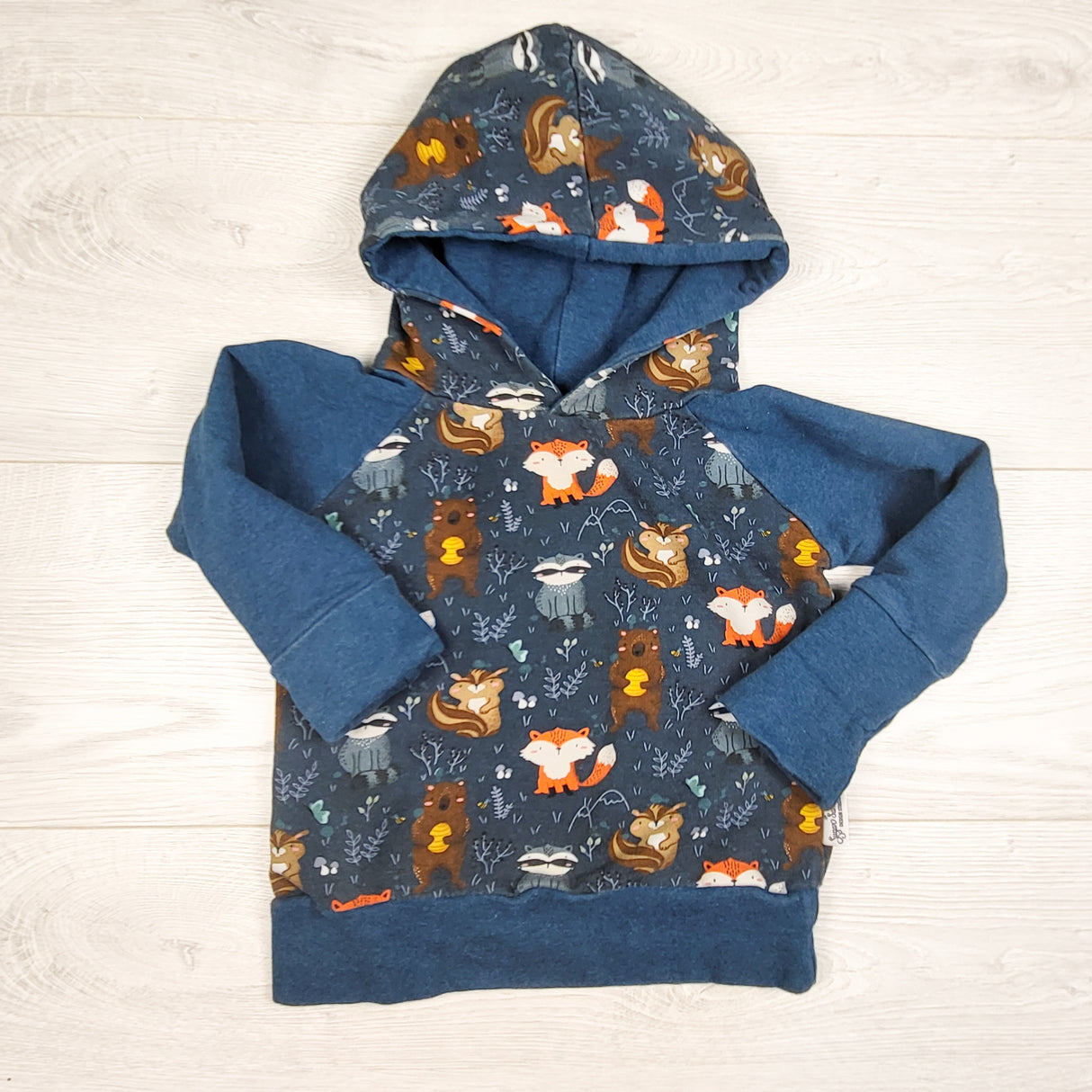 Sugar Sandwich Design teal hoodie with woodland animals. Size 1 - 3T
