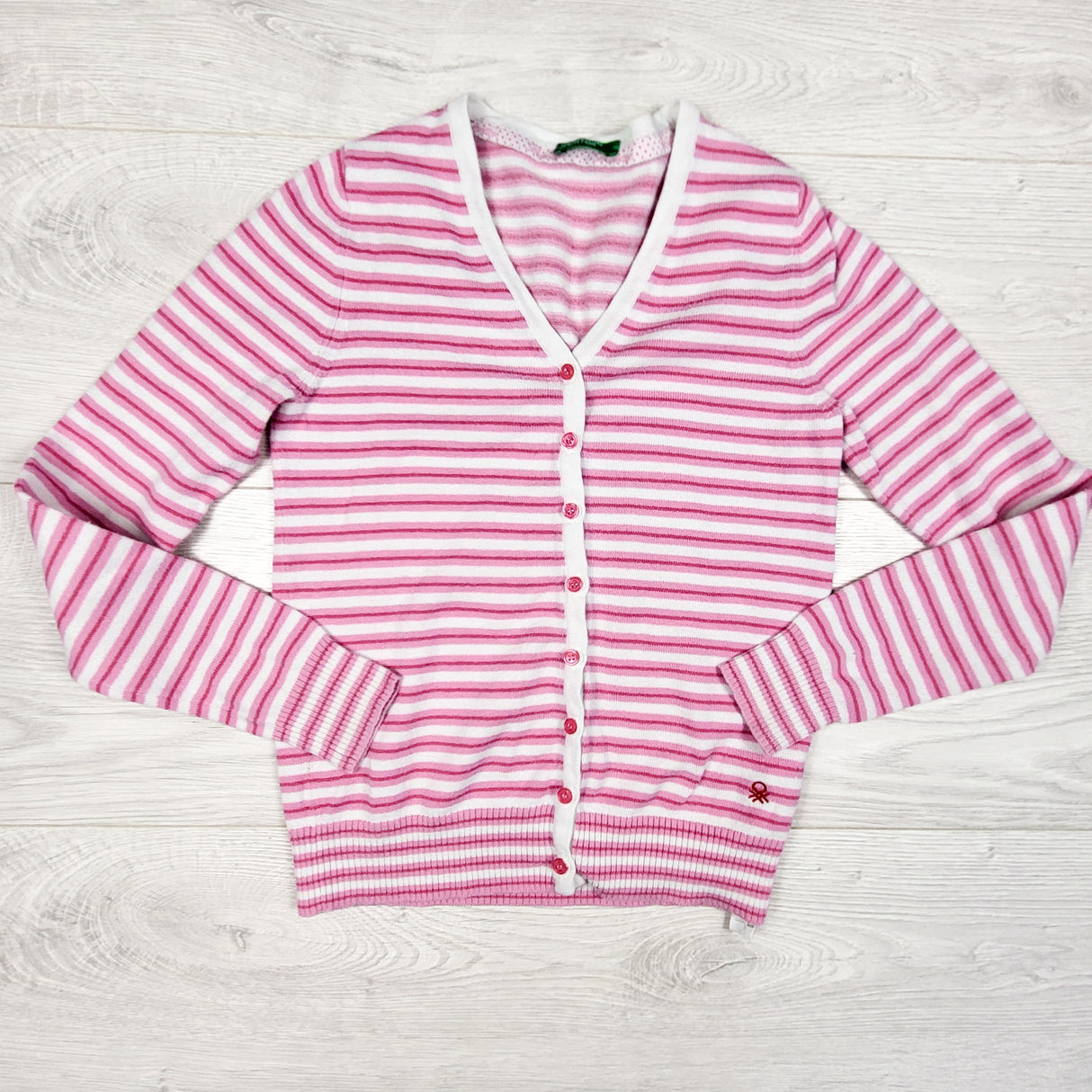 United Colors of Benneton pink striped cardigan sweater. Size 7/8