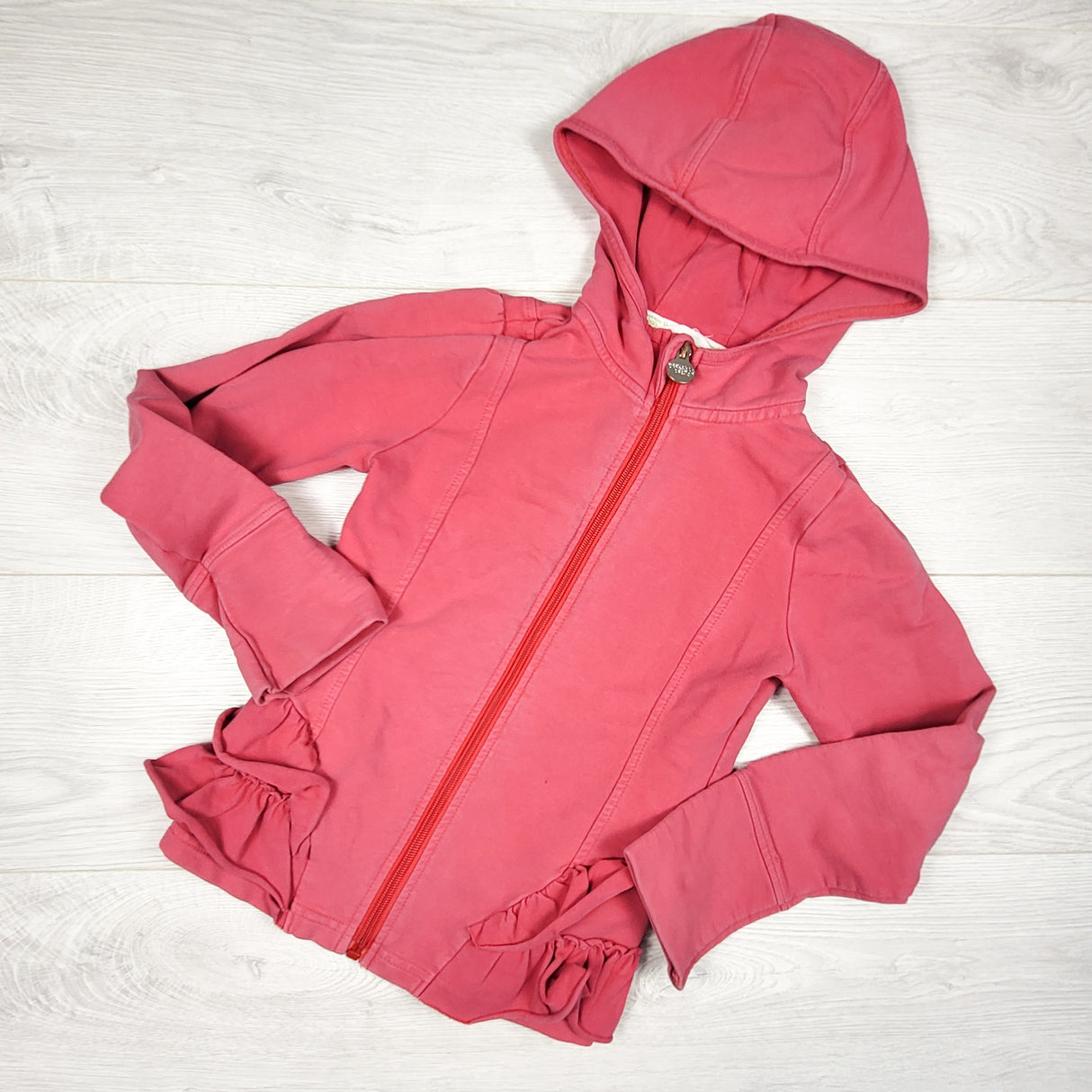 Peekaboo Beans pink zip up ruffle hoodie. Size 7 - AS IS