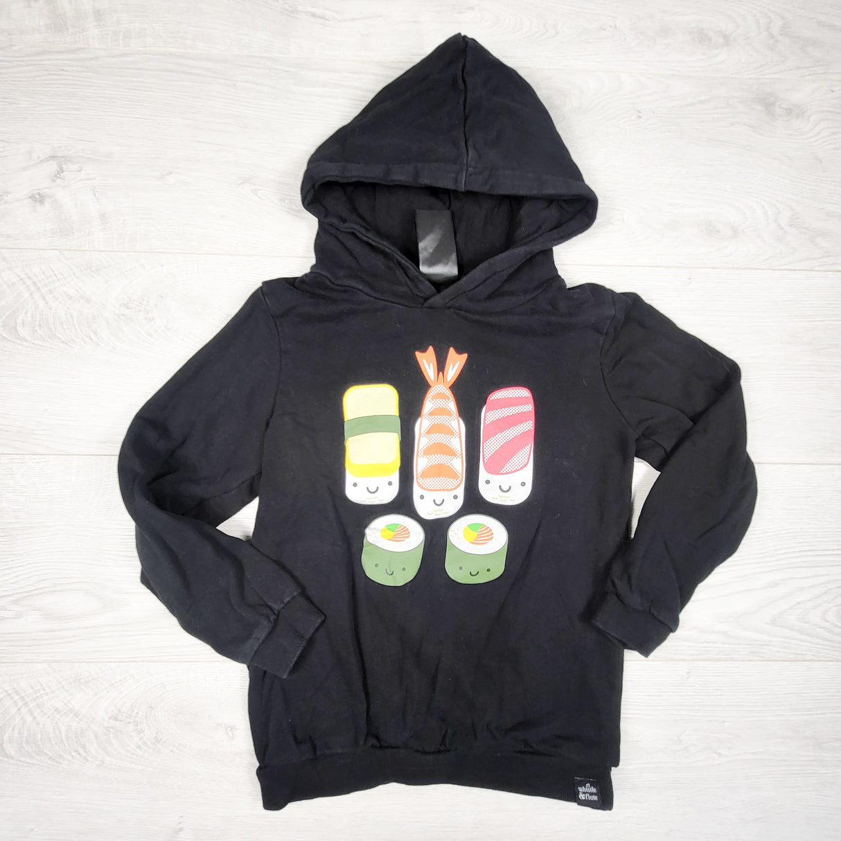 Whistle and Flute black pullover sushi hoodie. Size 7/8