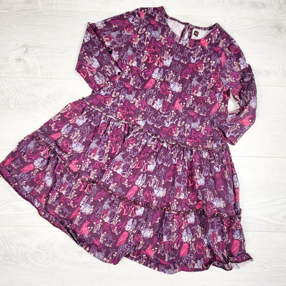 Tea Collection purple dress with woodland animals. Size 7
