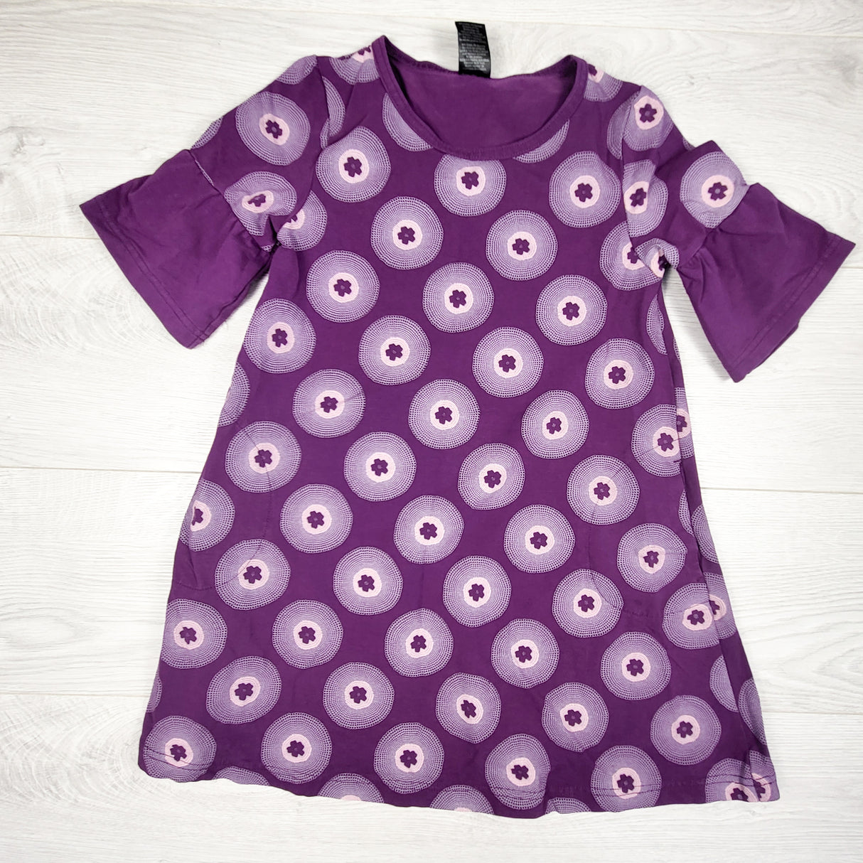 Peekaboo Beans purple circle pattern dress. Size 7