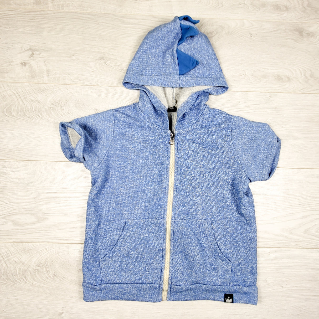 Littlest Prince heathered blue short sleeve dino spike hoodie. Size 6