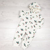 Marks and Spencer white fleece lined sweatshirt romper with stocking and holly. Size 9-12 months