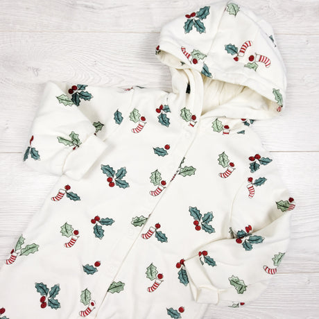 Marks and Spencer white fleece lined sweatshirt romper with stocking and holly. Size 9-12 months