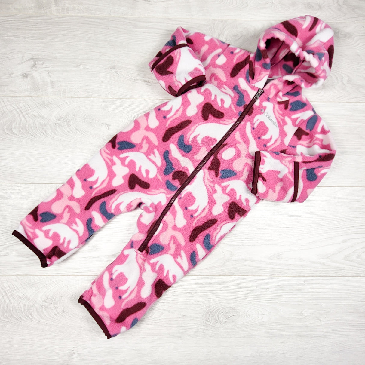 Columbia pink patterned fleece bunting suit. Size 6-12 months