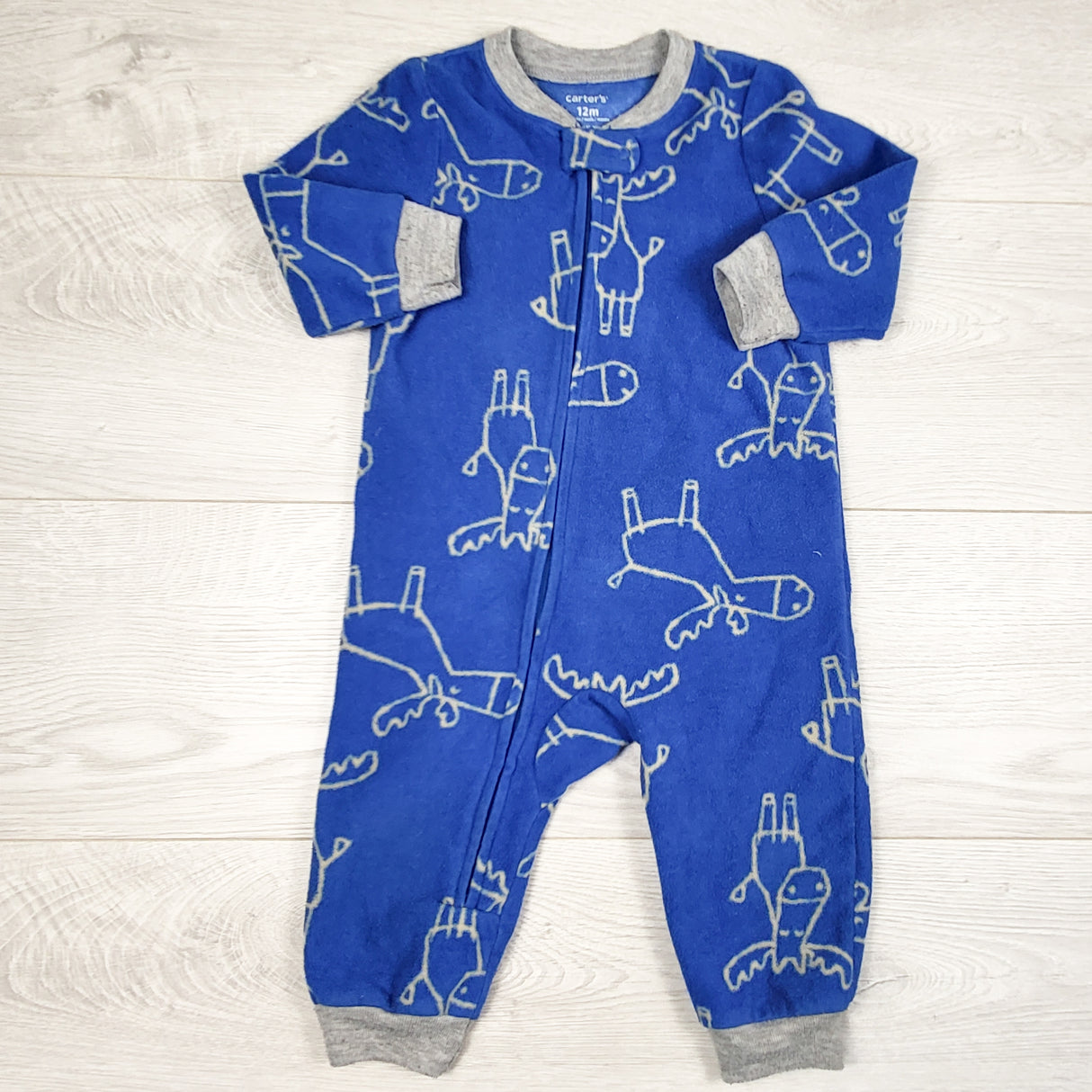 Carters blue moose print fleece sleeper. Size 12 months