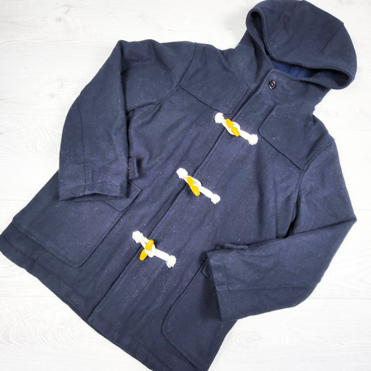 Navy wool blend toggle button hooded pea coat. Size 10