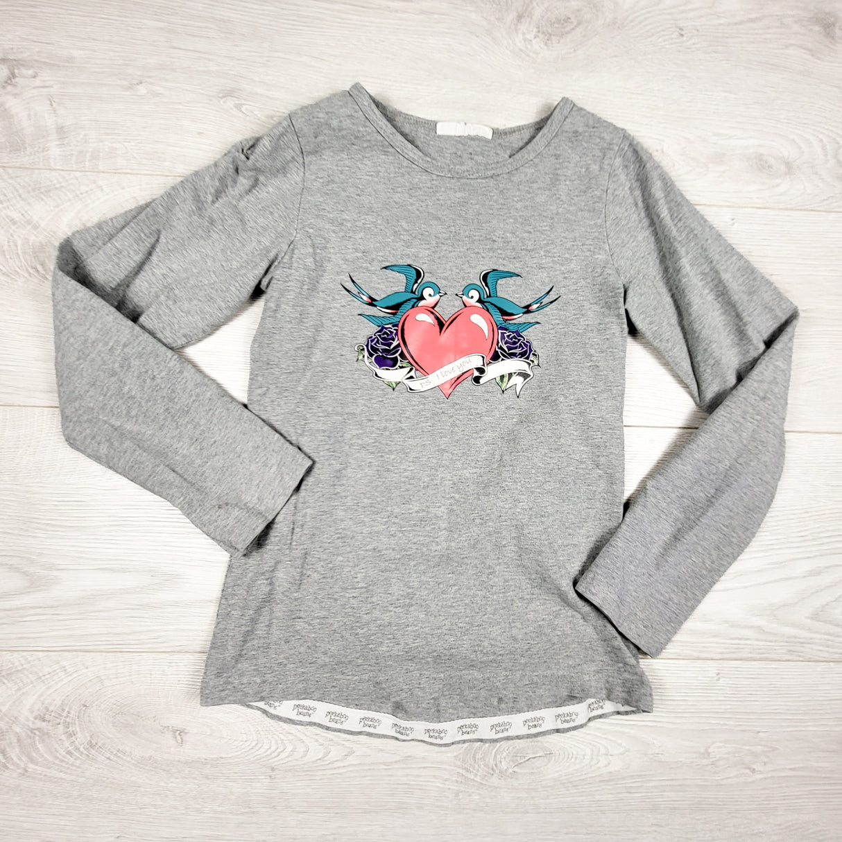 Peekaboo Beans grey long sleeve top with love birds. Size 7