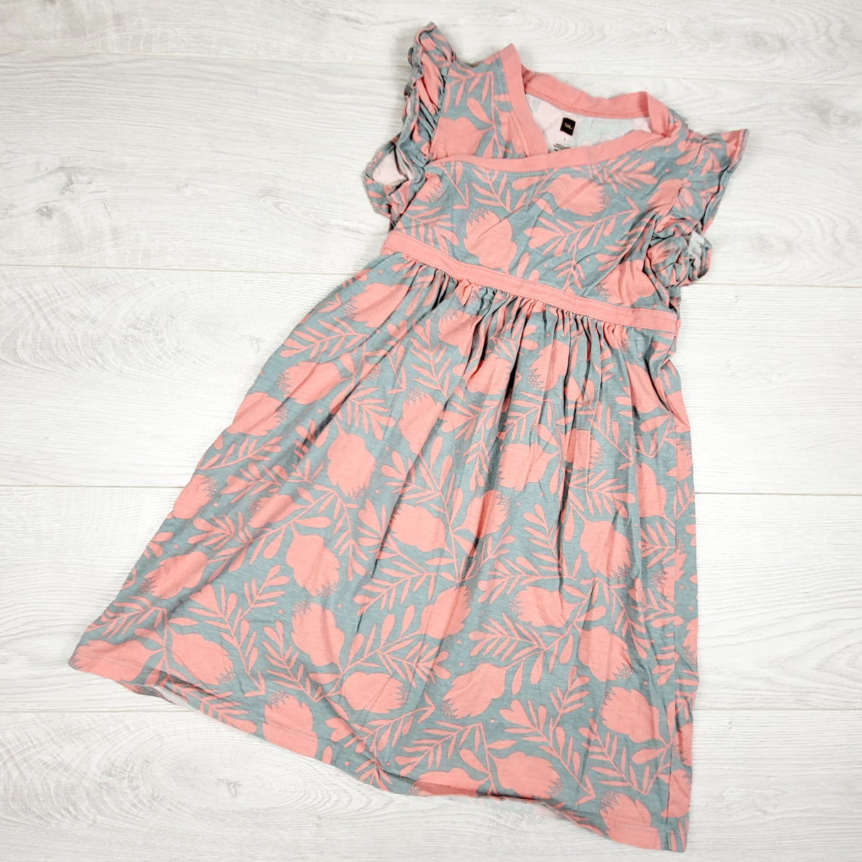 Tea Collection pink and grey floral print dress. Size 7