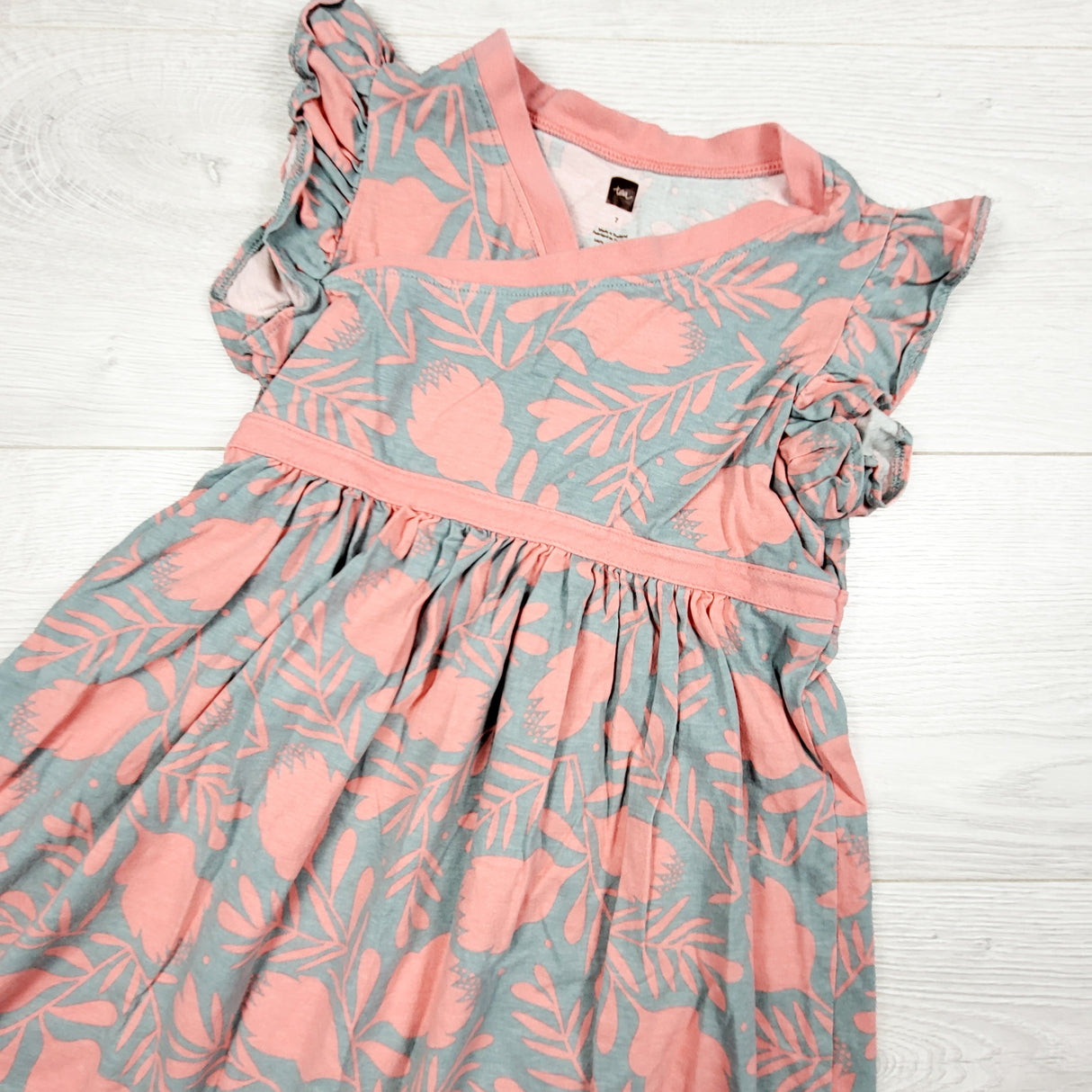 Tea Collection pink and grey floral print dress. Size 7