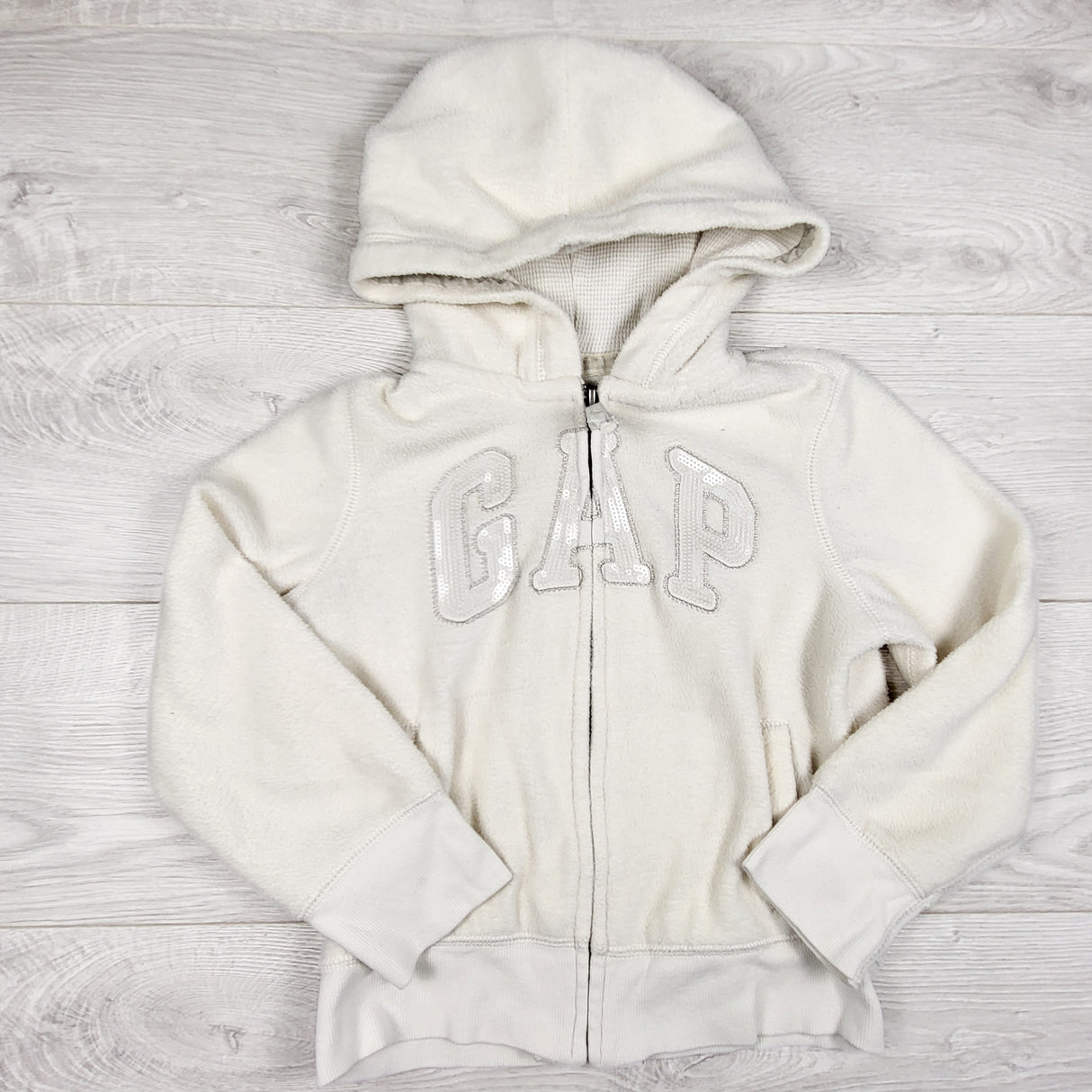 Gap white fleece zip up hoodie with sequins. Size 8