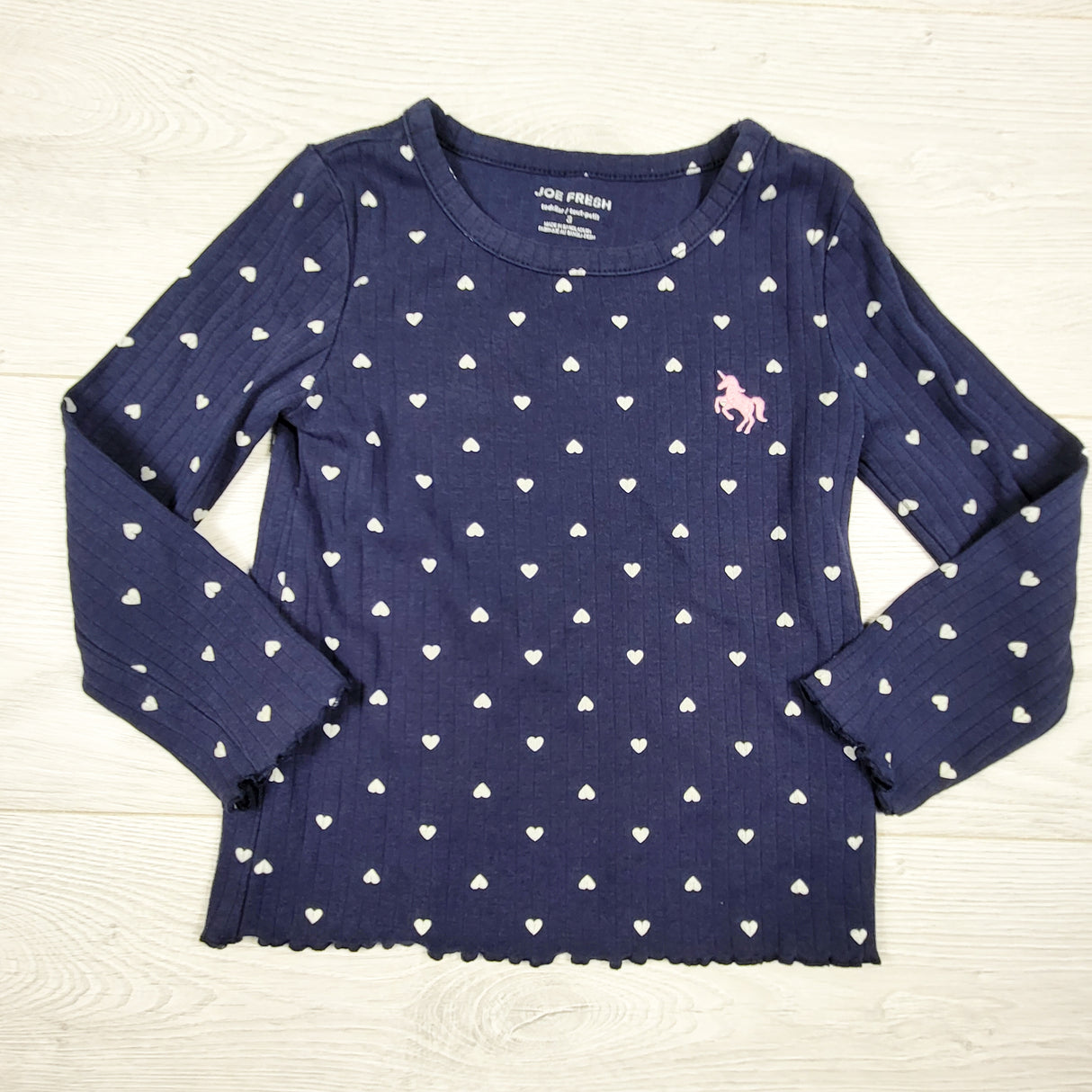 Joe Fresh navy ribbed top with hearts. Size 3T