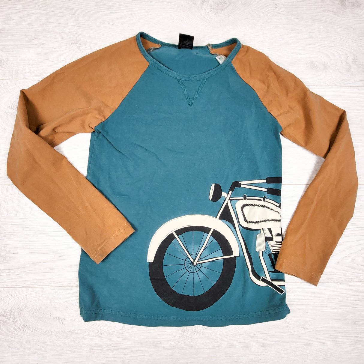 Peekaboo Beans tan and green raglan shirt with motorcycle. Size 8