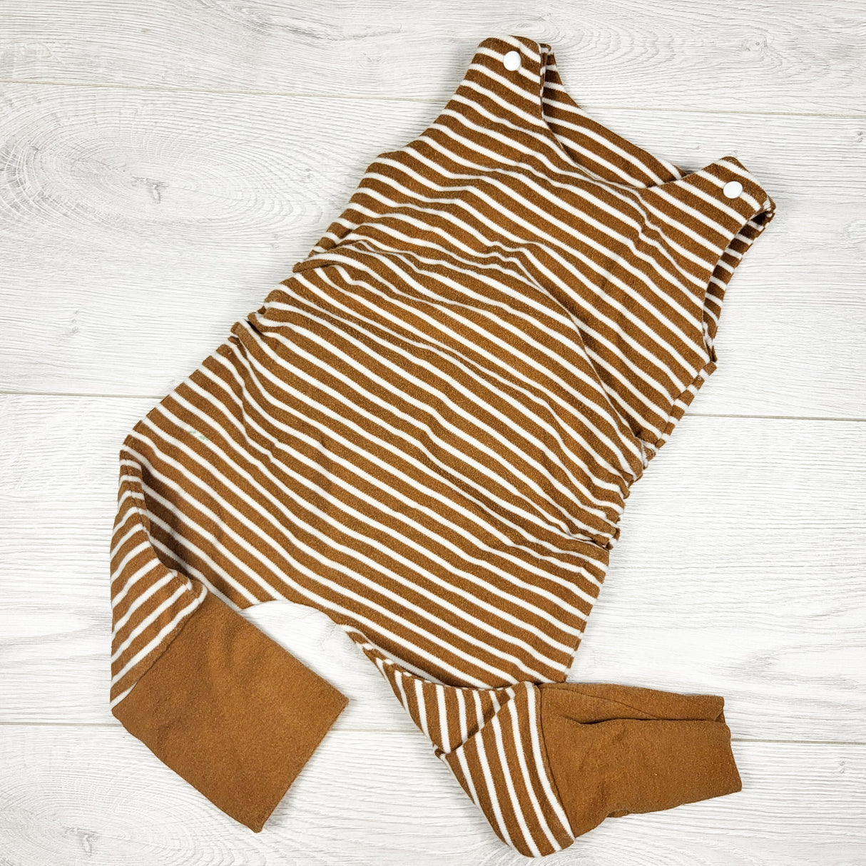 Handmade tan striped romper. Approx 12-24 months