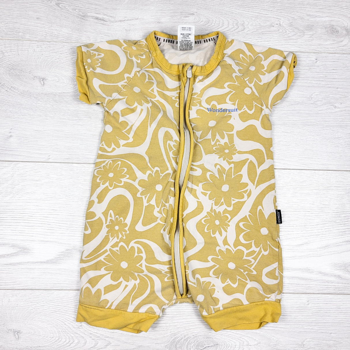 Bonds yellow floral print shortie wondersuit. Size 12-18 months
