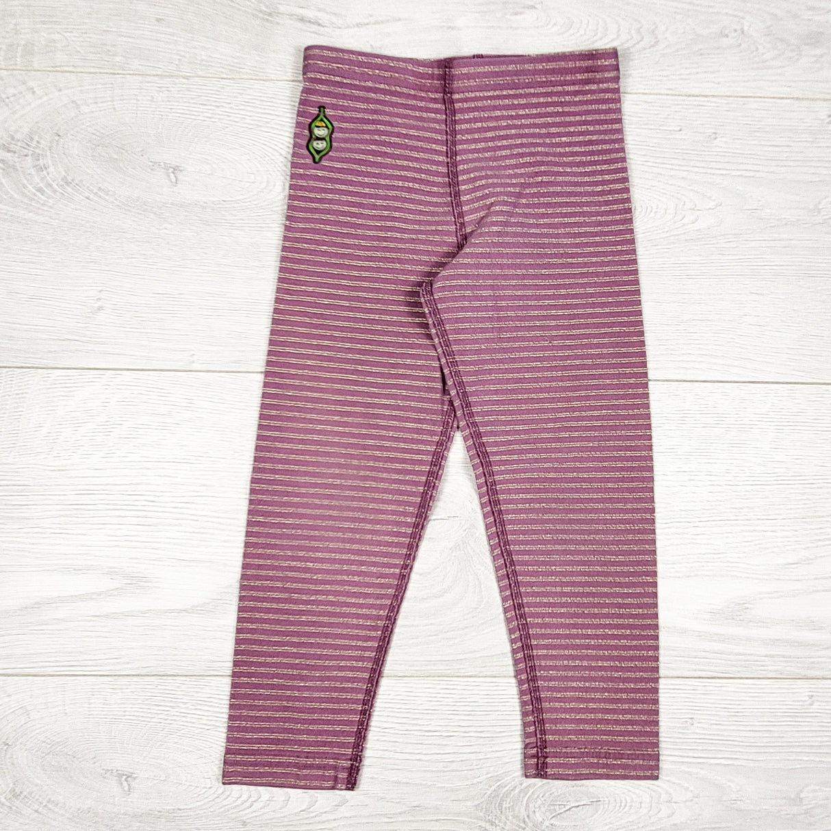 Peekaboo Beans pinky-purple leggings with gold glitter stripes. Size 7