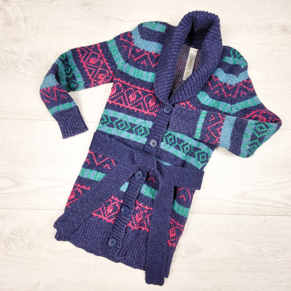 Cherokee navy patterned belted sweater with sparkles. Size 6/6X